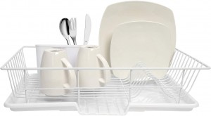 3 Piece Dish Drainer Rack Set with Drying Board and Utensil Holder, 12″ x 19″ x 5″, White