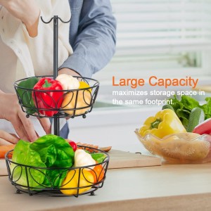 2-Tier Countertop Fruit Vegetables Basket Bowl Storage With Triple Banana Hanger, Black