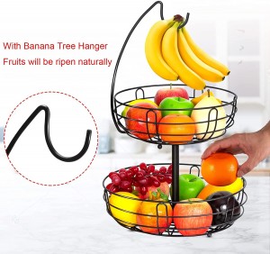 2 Tier Fruit Basket Bowl with Banana Hanger for Kitchen Countertop, Detachable Fruit Vegetable Storage Holder Display for Kitchen