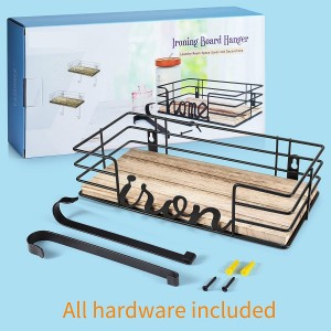 Ironing Board Hanger Wall Mount – Laundry Room Iron and Ironing Board Holder, Metal Wall Mount with Large Storage Wooden Base Basket and Removable Hooks