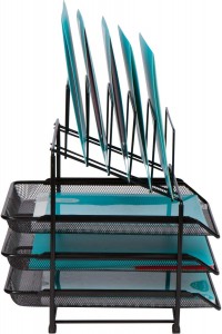 Mesh Desk Organizer and Storage ，Office Organizer with 3 Sliding Letter Trays and 5 Vertical File Holders
