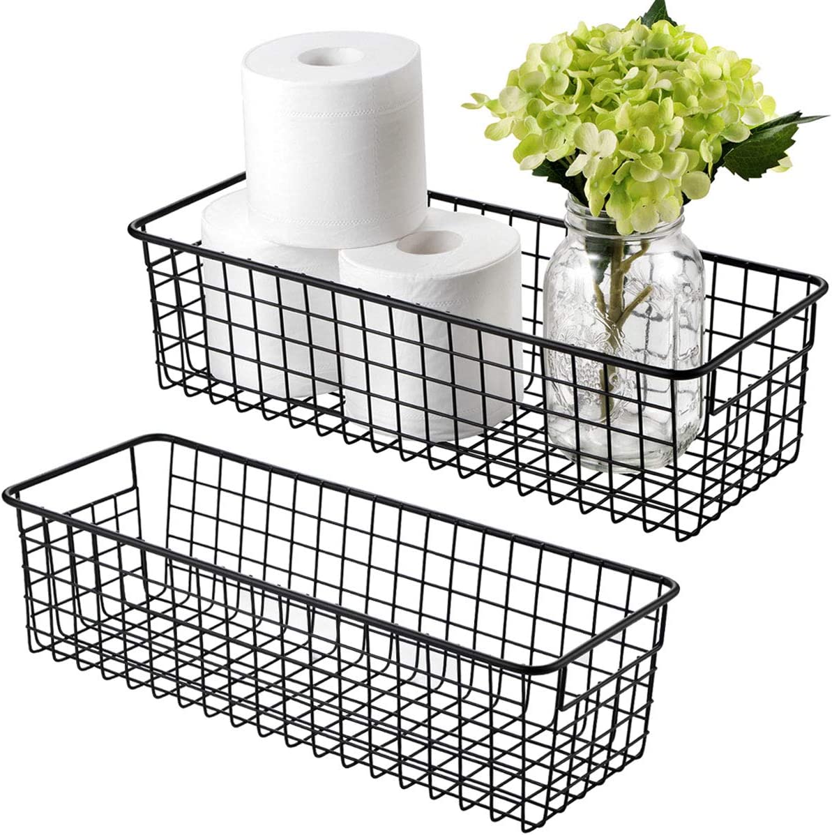 Metal Wire Storage Organizer Bin Basket(2 Pack) – Rustic Toilet Paper Holder – Storage Organizer for Bathroom, kitchen cabinets,Pantry, Laundry Room, Closets, Garage (Black) Featured Image