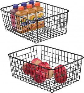 Metal Wire Food Storage Basket Organizer with Wooden Handles for Organizing Kitchen Cabinets, 2 Packs-Black-large