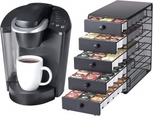 Coffee Pod Drawer – Black Satin Finish, Compatible with K-Cups, 90 Pod Pack Capacity Rack, 5-Tier Holder
