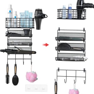 Wall-Mounted Hair Dryer Holder Styling Tool Organizer 4-Shelf Storage Wire Basket with Hook