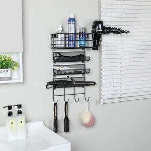 Wall-Mounted Hair Dryer Holder Styling Tool Organizer 4-Shelf Storage Wire Basket with Hook