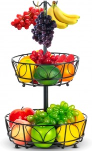 2-Tier Countertop Fruit Vegetables Basket Bowl Storage With Triple Banana Hanger, Black