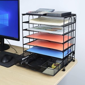 Office Desk Organizer, 6-Tier Mesh Letter Trays with Sliding Drawers,Metal File Desktop Paper Tray Organizer / Screws Free Design,Black