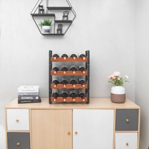 16 Bottles Stackable Wine Rack 4 Tier Freestanding Organizer Holder Stand Countertop Liquor Storage Shelf Solid Wood & Iron