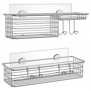 2-Pack Shower Caddy, Combined Bathroom Shelf with Soap Dish and Hooks for Hanging Razor Brush Sponge, Wall Mounted Rustproof Basket with Adhesive