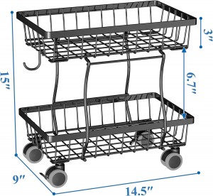 2-Tier Stackable Fruit Vegetable Rolling Storage Cart for Onions and Potatoes, Wire Storage Basket with Wheels, Basket Bins Rack Black