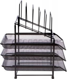 Mesh Desk Organizer and Storage ，Office Organizer with 3 Sliding Letter Trays and 5 Vertical File Holders