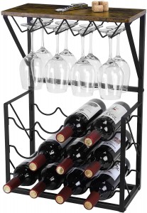 MOOACE Wine Rack Countertop 12 Bottles Holder, Freestanding Wine Storage Shelf with Glasses Holder & Table Top, Wine Holder Stand for Countertop Home Kitchen