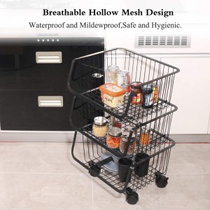Rolling Stackable Baskets 4 Tiers Metal Utility Storage Organizer Cart with Lockable Casters for Kitchen Pantry Bathroom Garage