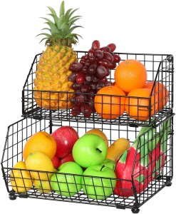 Fruit Vegetable Basket 2-Tier Wall-mounted Wire Storage Baskets Stackable Bin Kitchen Organizer