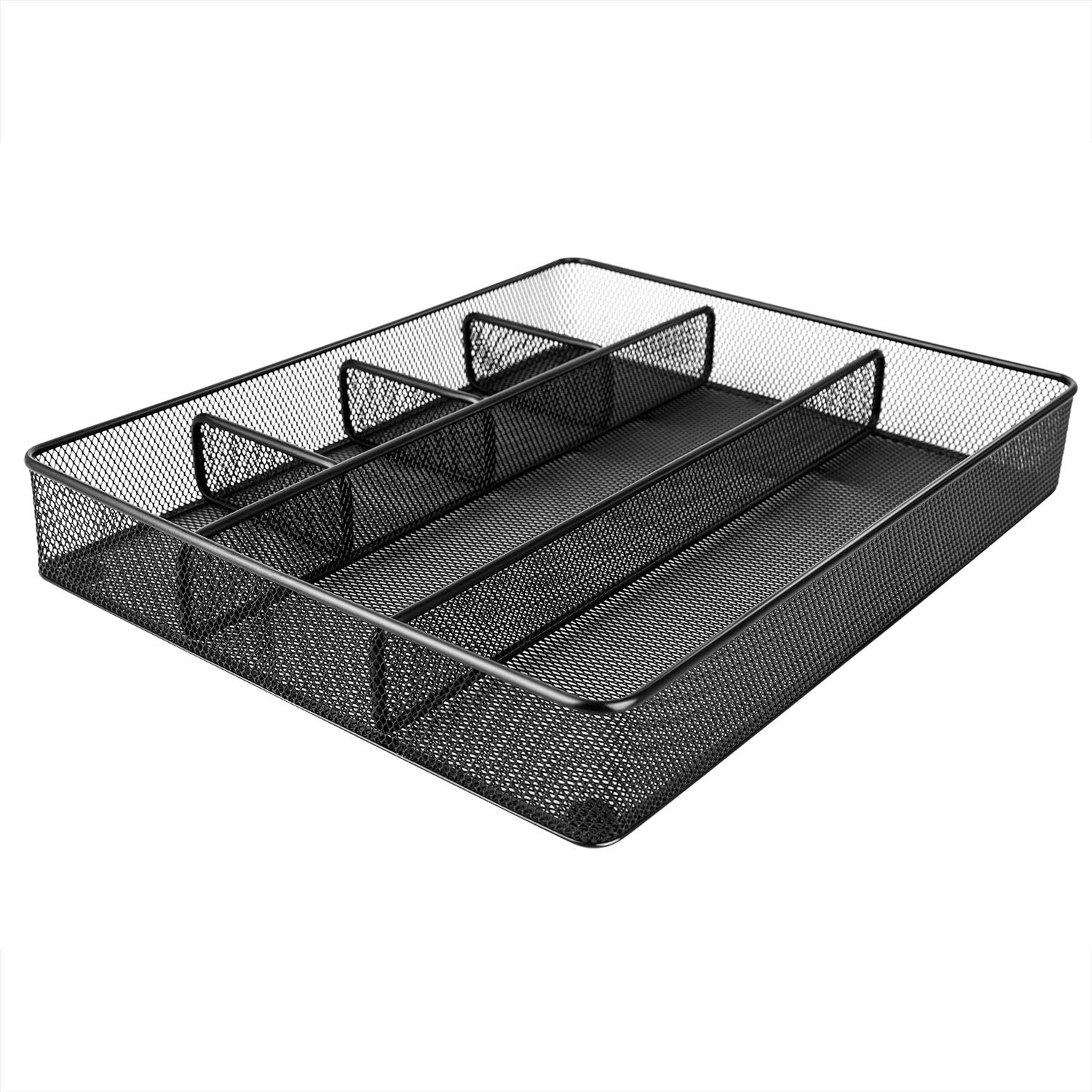 Basics Mesh Desk Organizer with Sliding Drawer, Double Tray and 5  Upright Sections, Black