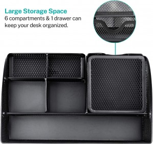 Mesh Desk Organizer Office Desktop Organizer with Drawer, Metal Stationary Organizer Black Desk Caddy, 6 Compartments, 8.7 x 5.5 x 5 inch, 1 Pack