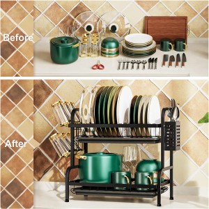 2 Tier Dish Rack with Cup Holder, Dish Drainer with Drainboard and Utensil Holder Large Capacity for Small Kitchen Countertop Saving Space