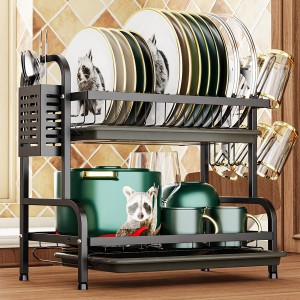 2 Tier Dish Rack with Cup Holder, Dish Drainer with Drainboard and Utensil Holder Large Capacity for Small Kitchen Countertop Saving Space
