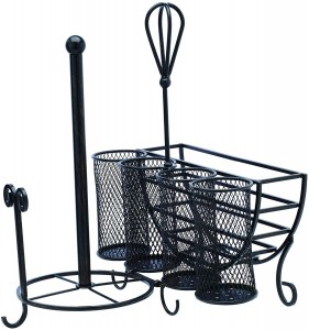 Picnic Plate Napkin and Flatware Storage Caddy with Paper Towel Holder, Complete Service, Antique Black