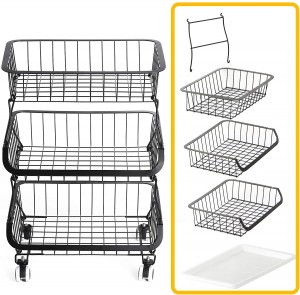 3-Tier Stackable Metal Wire Storage Baskets with Rolling Wheels for Kitchen,Fruit, Vegetables, Pantry, Bathroom Rack