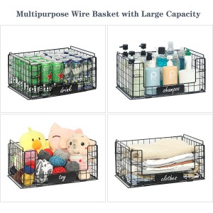 3 Pack Stackable Wire Baskets with Handles for Pantry Storage and Organization,Fruit and Vegetable Basket with Name Plates,Metal Storage Bins for Snack Can Fruit Veggies