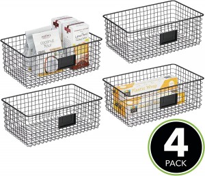 4 Pack Metal Wire Food Organizer Storage Bin Basket with Label Slot for Kitchen Cabinets, Pantry, Bathroom, Laundry Room, Closets, Garage