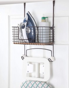 Metal Wall Mount/Over The Door Ironing Board Holder with Large Storage Basket