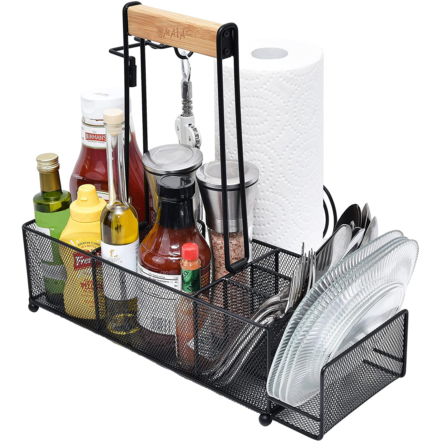 BBQ and Picnic Caddy with Paper Towel Holder, Wood Handle & 2 Hooks – Ideal for Indoor & Outdoor – Plates, Cutlery and Condiment Bottles Organizer for Grill Featured Image