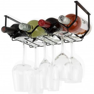 Under Cabinet Wine Rack & Glasses Holder Kitchen Organization with 4 Bottle Organizer Metal Black