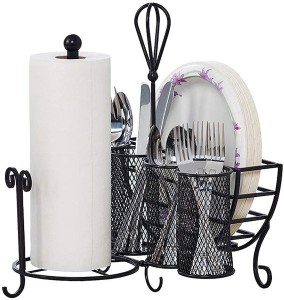 Picnic Plate Napkin and Flatware Storage Caddy with Paper Towel Holder, Complete Service, Antique Black