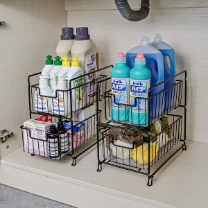 Stackable 2-Tier Under Sink Cabinet Organizer with Sliding Storage Drawer for Pantry Organization or Kitchen Storage