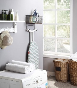 Metal Wall Mount/Over The Door Ironing Board Holder with Large Storage Basket