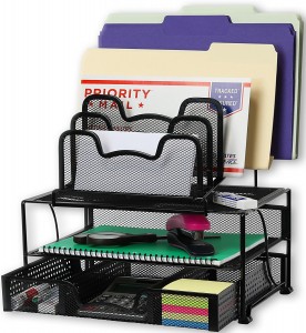 Mesh Desk Organizer with Sliding Drawer, Double Tray and 5 Stacking Sorter Sections, Office File Folder Document Holder
