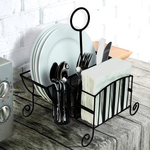 Black Metal Napkin and Utensil Holder Caddy with Handle, Picnic or Buffet Dining Organizer with Plate and Napkin Holder