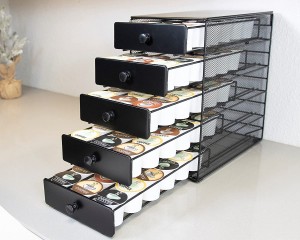 Coffee Pod Drawer – Black Satin Finish, Compatible with K-Cups, 90 Pod Pack Capacity Rack, 5-Tier Holder