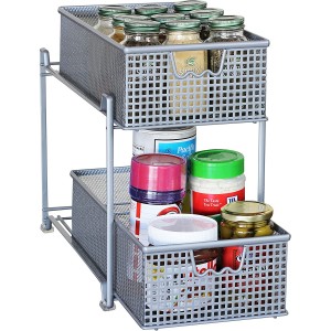 2 Tier Mesh Sliding Cabinet Basket Organizer Drawer Storage Space for Kitchen & Bathroom