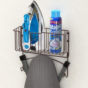 Ironing Board Hanger Holder with Storage Basket for Clothing Iron – Wall Mount/Over Door