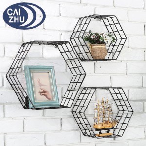 Metal Wire Hexagon Design Wall Mounted Floating Shelves Set of 3 Black