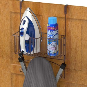 Ironing Board Hanger Holder with Storage Basket for Clothing Iron – Wall Mount/Over Door