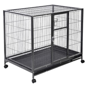 Heavy Duty Solid Metal Wire Large Dog Kennel Crate Pet Cage w/ Wheels Tray Locks