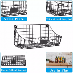 Kitchen Pantry Storage Organize Cabinet Hanging Tray Metal Wire Basket 2 Pack Wall Mounted Bin Basket with 5 Hooks