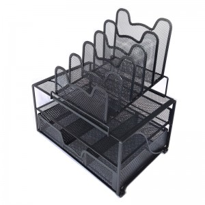 Mesh Desk Organizer with Sliding Drawer, Double Tray and 5 Stacking Sorter Sections, Office File Folder Document Holder