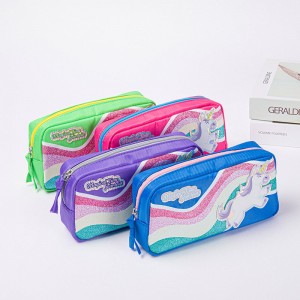 Cute rainbow and unicorn leather polyester 4 colors available with zipper closure  pencil pouch pen case toiletry pouch China OEM factory supply