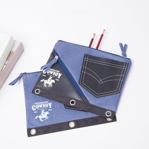 ខោខូវប៊យខោខូវប៊យពណ៌ខៀវបុរាណ រូបរាង binder pouch make up bag with zipper closed with 3 round Rings binder organizer toiletry pouch pencil case purse