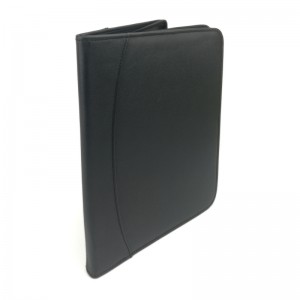 Black PU leather portfolio zipper closure padfolio with transparent pad pocket with notebook writing pad  China OEM manufacturer supplies custom logo