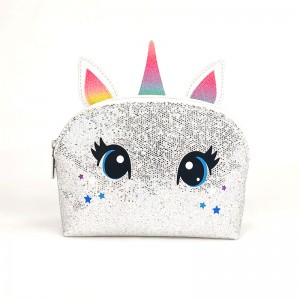 Pretty glitter PU leaather live simulated unicorn reindeer animal face with 3D ears cosmetic bag makeup bag pencil case organizer great gift for kids teens adults