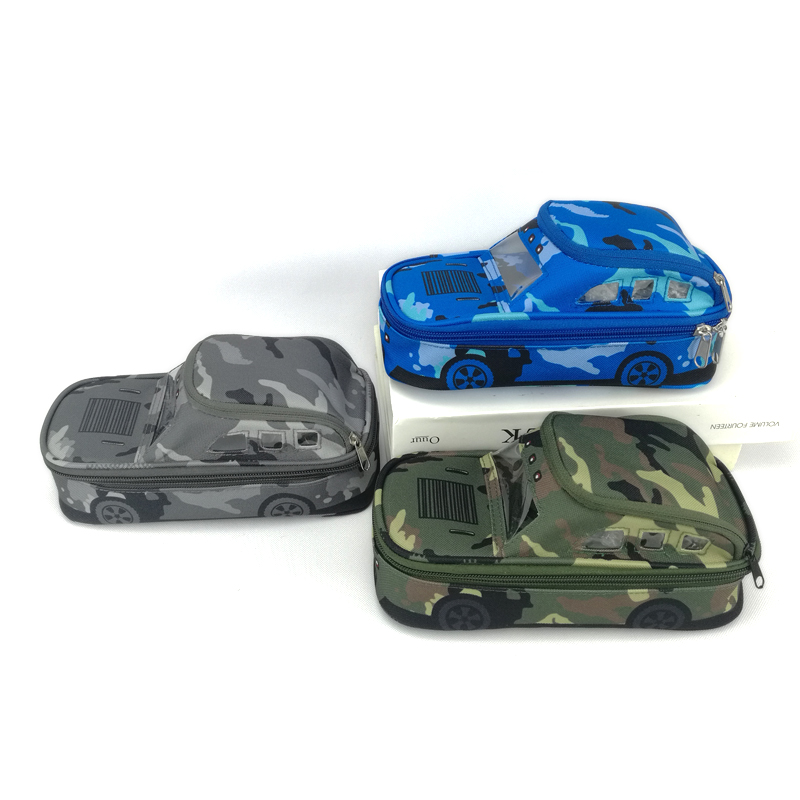 Fantastic live simulated cartoon camouflage tank PVC&polyester pencil pouch pen case 3 colors 2 compartments with wraparound zippers closure with inner mesh grid pocket with transparent window card holder padding roomy capacity great gift for kids teens friends for school stationery supplies Featured Image