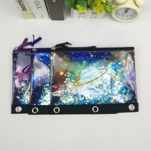 Outer space theme transparency shiny sparkly colorful glitter sequin PVC/polyester binder pouch pencil bag with zipper closure with 3-round rings great gift for kids teens adults for school office ...