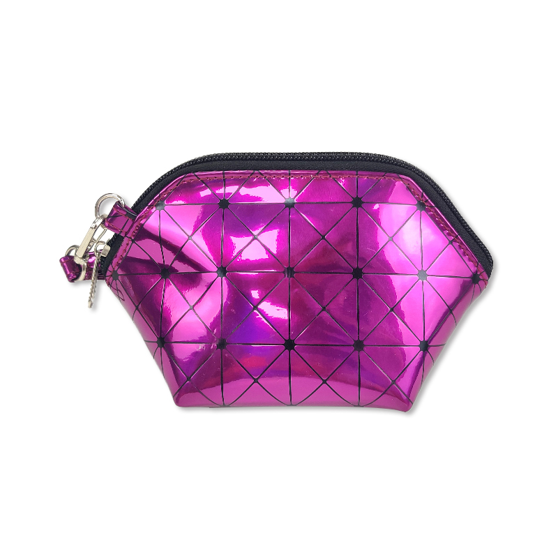 OEM Customized Toiletry Bag - Shell shape PU leather full holographic printing grid pattern cosmetic bag makeup case toiletry bag for women girls ladies – CAMEI